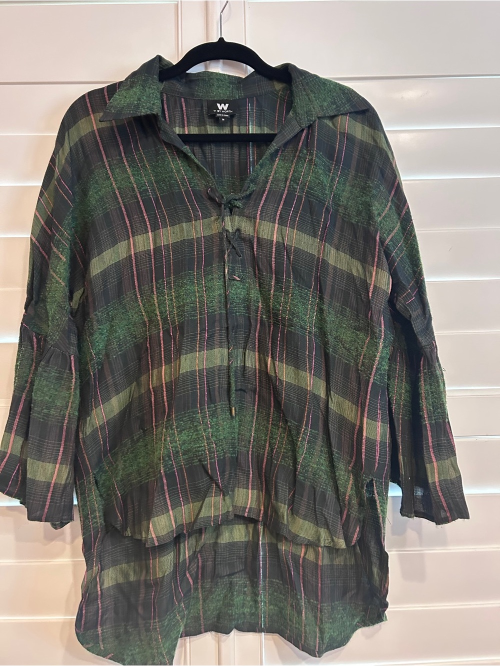 W by Worth Linen Blend Lace Up Sheer Striped Blouse Ruffle Detail Green Med
